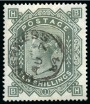 Stamp of Great Britain » 1855-1900 Surface Printed » 1867-83 High Values 1867-83 10s Grey-Green pl.1 BH on blued paper, fine used