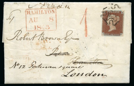 Stamp of Great Britain » 1841 1d Red 1841 1d Red PG on 1843 (Aug 7) entire from the isle of Arran (Scotland) tied by black MC, redirected to London with "1" hs