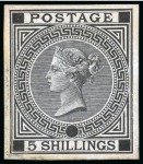 Stamp of Great Britain » 1855-1900 Surface Printed » 1867-83 High Values 1867-83 5s Die proof in black on glazed card, with void corners and plate number