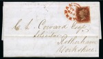 Stamp of Great Britain » 1841 1d Red 1841 1d Red pl.44 CF on 1844 (Apr 18) entire cancelled by London "12" in MC and further cancelled by red Rotherham arrival cds