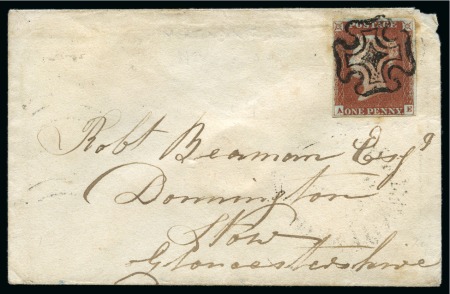 Stamp of Great Britain » Distinctive Maltese Cross Cancellations Oxford: 1841 1d Red pl.38 AE on 1843 envelope tied by black distinctive Oxford late type distinctive Maltese Cross with solid centre