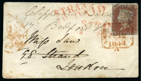 Stamp of Great Britain » Distinctive Maltese Cross Cancellations 1841 1d Red pl.30 DK on 1844 (Apr 10) envelope tied by Edinburgh distinctive Maltese Cross, "STRAND / 1D PAID" hs and octagonal paid ds