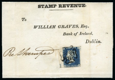 Stamp of Great Britain » 1840 2d Blue (ordered by plate number) 1840 2d Steel Blue pl.1 left marginal showing partial inscription "ent." on printed wrapper from Carrick-on-Shannon to Dublin (Ireland)