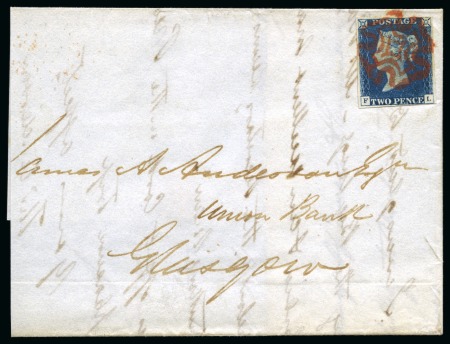 Stamp of Great Britain » 1840 2d Blue (ordered by plate number) 1840 2d Deep Blue pl.1 FL on 1840 (Jul 20) wrapper sent locally in Glasgow, tied by crisp red Maltese Cross,