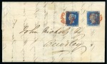 Stamp of Great Britain » 1840 2d Blue (ordered by plate number) 1840 2d Blue pl.1 LF blue and pl.1 TG pale blue on 1840 (Aug 4) lettersheet to Bewdley each tied by neat red Maltese Crosses