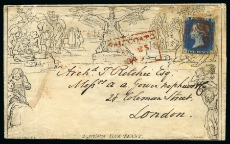 Stamp of Great Britain » 1840 2d Blue (ordered by plate number) 1840 2d Blue pl.1 JL on 1840 1d Mulready wrapper tied by red MC with Britannia cancelled contrary to regulations by Saltcoats boxed despatch ds