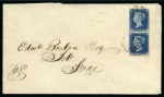 Stamp of Great Britain » 1840 2d Blue (ordered by plate number) 1840 2d Blue pl.1 PE-QE vertical pair, close to large margins, on 1843 (Jun 22) envelope from Eccleshill