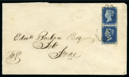 Stamp of Great Britain » 1840 2d Blue (ordered by plate number) 1840 2d Blue pl.1 PE-QE vertical pair, close to large margins, on 1843 (Jun 22) envelope from Eccleshill