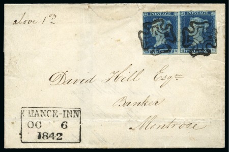 Stamp of Great Britain » Distinctive Maltese Cross Cancellations 1841 2d Blue pl.3 QA-QB pair, on 1842 (Oct 6) wrapper from Chance Inn tied by two crisp strikes of the black Montrose distinctive Maltese Cross