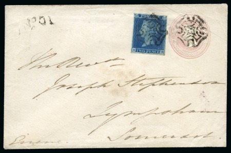 Stamp of Great Britain » 1841 2d Blue 1841 2d Blue pl.3 AB, fine to good margins, on 1d pink postal stationery envelope from Bristol with "No. 01" receiving house hs