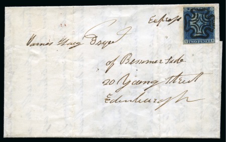 Stamp of Great Britain » 1841 2d Blue 1841 2d Blue pl.3 TE on 1842 (Jul 4) wrapper cancelled by superb black distinctive Arbroath Maltese Cross