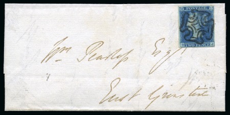 Stamp of Great Britain » 1841 2d Blue 1841 2d Blue pl.3 DJ on 1843 (Apr 10) lettersheet from Lewes cancelled by crisp and complete black Maltese Cross