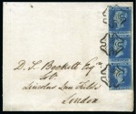 Stamp of Great Britain » 1841 2d Blue 1841 2d Blue pl.3 QI-RI vert. pair and FG, all four margins, on 1843 (May 26) large part wrapper from Torrington