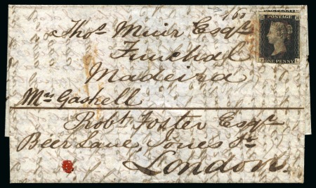 Stamp of Great Britain » 1840 1d Black and 1d Red plates 1a to 11 1840 1d Black pl.8 FL tied to 1841 (Jan 12) entire (cross-written) from Liverpool to London with additional Madeira forwarding address