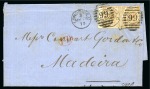 Stamp of Great Britain » 1855-1900 Surface Printed » 1867-80 Large Uncoloured Corner Letters, Wmk Spray of Rose 1873 (May 17) Entire from London to Madeira with 1872-73 6d pale buff pl.12 left wing marginal pair