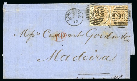 Stamp of Great Britain » 1855-1900 Surface Printed » 1867-80 Large Uncoloured Corner Letters, Wmk Spray of Rose 1873 (May 17) Entire from London to Madeira with 1872-73 6d pale buff pl.12 left wing marginal pair
