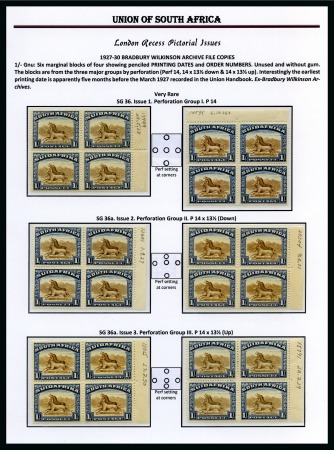 Stamp of South Africa » Union & Republic of South Africa 19271s Specialised study on 4 exhibit pages incl. six unused blocks from the Bradbury Wilkinson archive 