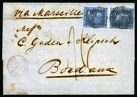 Stamp of Mauritius » 1859 Sherwin Issue (SG 40) 1859 (Dec 8) Wrapper from Port Louis to France with 1859 2d Sherwin vertical pair tied by black void barred ovals
