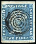 Stamp of Mauritius » 1848-59 Post Paid Issue » Early Impressions (SG 6-9) 1848-59 Early Impression 2d blue on bluish, pos.4, close to large margins, neatly cancelled by target cancellation