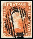 Stamp of Mauritius » 1848-59 Post Paid Issue » Early Impressions (SG 6-9) 1848-59 Early Impression 1d orange-vermilion on whitish, pos.9, good to very good margins, neatly cancelled
