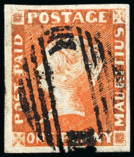 Stamp of Mauritius » 1848-59 Post Paid Issue » Early Impressions (SG 6-9) 1848-59 Early Impression 1d orange-vermilion on whitish, pos.9, good to very good margins, neatly cancelled