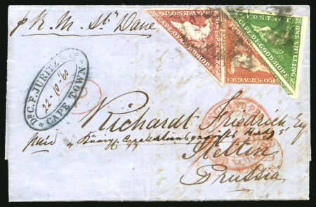 Stamp of South Africa » Cape of Good Hope 1855-63 1s Deep Dark Green, 1d brick-red and 1d rose-red, on 1860 (Oct 22) wrapper from Cape Town to Stettin, Prussia