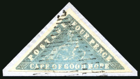 Stamp of South Africa » Cape of Good Hope 1861 Woodblock 4d pale milky blue with good to very good margins, tied to small piece by neat barred triangle cancel