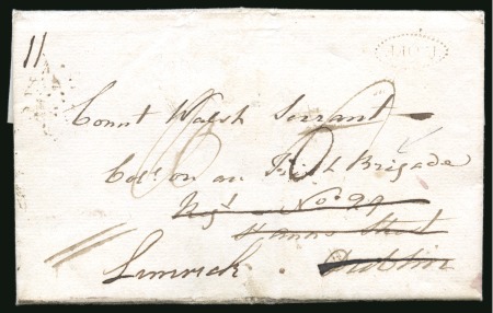 Stamp of Ireland 1796 (May 30) Entire from Percy Street, London, to a Colonel in the Irish Brigade, Dublin, redirected to Limerick with neat "T. OFF" hs for the Treasury Office