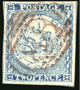 Stamp of Australia » New South Wales 1850 2d Prussian Blue pl.II, very good margins, cancelled by "88" numeral in RED