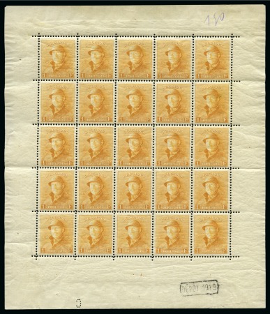 Stamp of Belgium » General issues from 1894 onwards 1919-20, Roi Casqué, 1F jaune en feuillet de 25 exemplaires, planche 1
