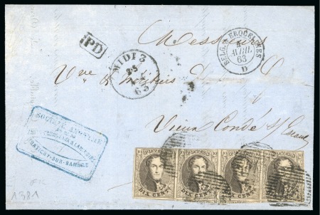 Stamp of Belgium » Belgique. 1861 Médaillons allongés - Émission 10c Brun, BANDE DE QUATRE, oblitération M. III sur lettre de Montigny-sur-Sambre