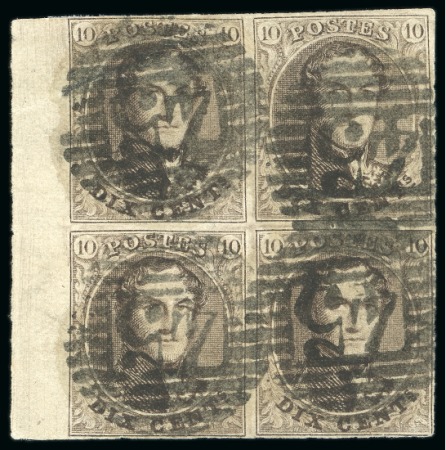 Stamp of Belgium » Belgique. 1861 Médaillons allongés - Émission 10c Brun, en BLOC DE QUATRE avec bord de feuille latéral, oblitération de la perception 45 de Gand
