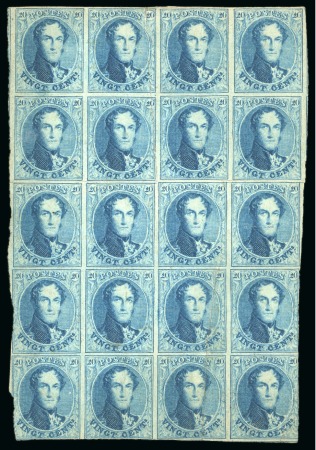 Stamp of Belgium » Belgique. 1861 Médaillons allongés - Émission 20c Bleu, ensemble de 20 formé d'un bloc de huit et d'un bloc de douze avec gomme originale