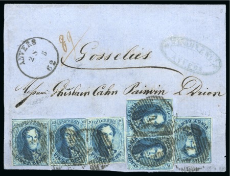 Stamp of Belgium » Belgique. 1861 Médaillons allongés - Émission 20c Bleu, six exemplaires pour la plupart bien margés, oblitération de la perception 4 sur partie de lettre