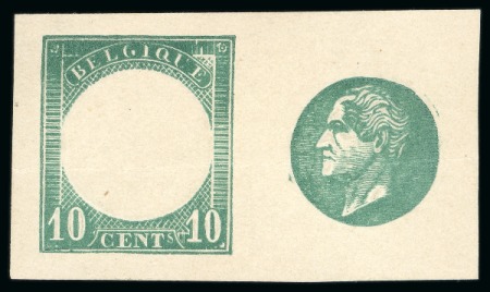 Stamp of Belgium » Belgique. Léopold 1er - Nouveau Type - La Genèse Période de la Commission, Proposition de C. Wiener, 10 centimes vert en épreuves du cadre et du centre séparés sur un même feuillet
