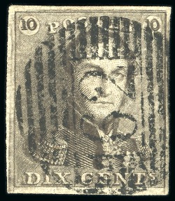 Stamp of Belgium » Belgique. 1849 Epaulettes - Émission 10c Brun avec variété constante "doubles chiffres", position 183, oblitération de la perception 62 de Huy