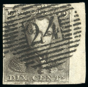 Stamp of Belgium » Belgique. 1849 Epaulettes - Émission 10c Brun avec variété constante "hachures sur 10C", position 30, largement margé avec bord de feuille à droite