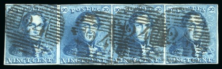 Stamp of Belgium » Belgique. 1849 Epaulettes - Émission 20c Bleu, planche II, en bande horizontale de quatre (pos. 133-136)