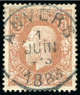 Stamp of Belgium » Belgique. 1869-83 Nouveaux types et nouvelles valeurs - Émission 5F brun-rouge, oblitération centrale et nette d'ANVERS du 1er juin 1883