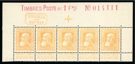 Stamp of Belgium » General issues from 1894 onwards 1905 Grosse Barbe, 1F jaune-or, neuf, bande horizontale de cinq