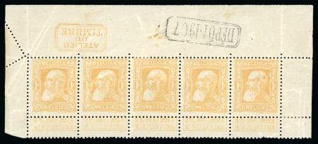 Stamp of Belgium » General issues from 1894 onwards 1905 Grosse Barbe, 1F jaune-or, neuf sur papier mince, bande horizontale de cinq
