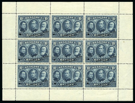 Stamp of Belgium » General issues from 1894 onwards 1915-19, Les 6 valeurs en feuillets non gommés de 9 timbres avec couleurs non adoptées, surchargés Waterlow & Sons Ltd. SPECIMEN et perforés