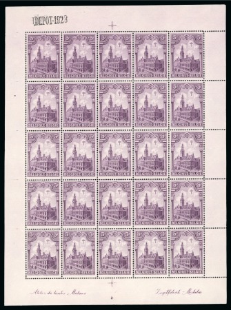 Stamp of Belgium » General issues from 1894 onwards 1928 Cathédrales, 5F+5F lilas en feuillet de 25