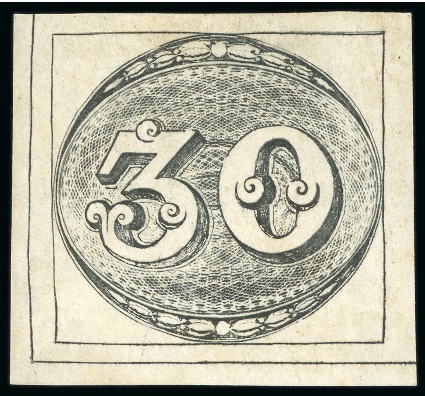 Stamp of Brazil » 1843 Bull's Eyes 1843, 30r black, worn impression, unused without gum, spectacular lower-left corner example