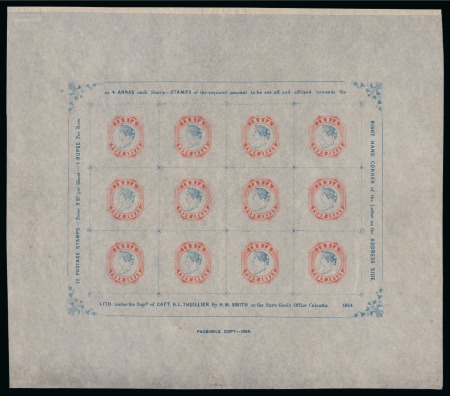 Stamp of India » 1854 Lithographs Spence 67: 4a vermilion and pale blue on thin yellowish (almost pelure) paper in complete sheet of 12