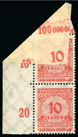 Stamp of Germany » German Empire 1923 10mio vermilion, surcharge variety as a result of a pre-printing paper fold