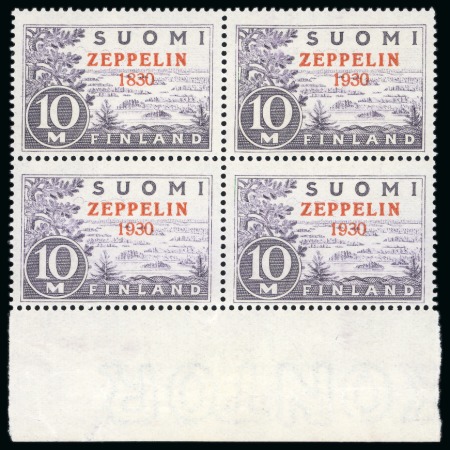 Stamp of Finland 1930 Zeppelin overprint on 10m with "1830" for "1930" variety in mint nh lower marginal block of four