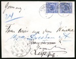 Stamp of China » Foreign Post Offices » German Post Offices 1898 Cover front with 1892-98 20pf vertical pair, tied by "SHANGHAI" cds and bilingual Peking Large Dollar dater