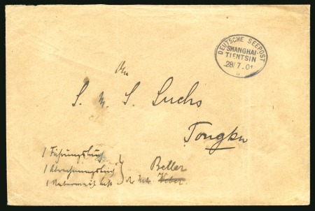Stamp of China » Foreign Post Offices » German Post Offices Naval Mail. 1901 Stampless cover addressed to the "S.M.S. Luchs" at Tongku, struck with "DEUSTCHE SEEPOST/SHANGHAI-TIENTSIN/b" oval d