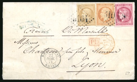 Stamp of China » Foreign Post Offices » French Post Offices 1871 (Nov 22) Cover to Lyon at single rate by British packet with 1853 10c & 40c and 'Bordeaux' 80c
